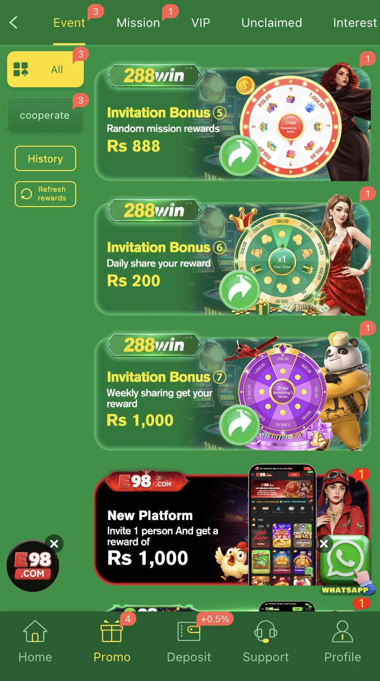 288Win bonus and promotions page showing daily rewards and cashback offers