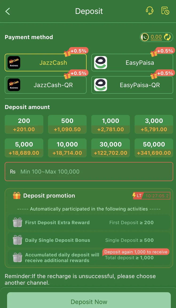 288Win Game deposit screen with JazzCash and EasyPaisa payment options