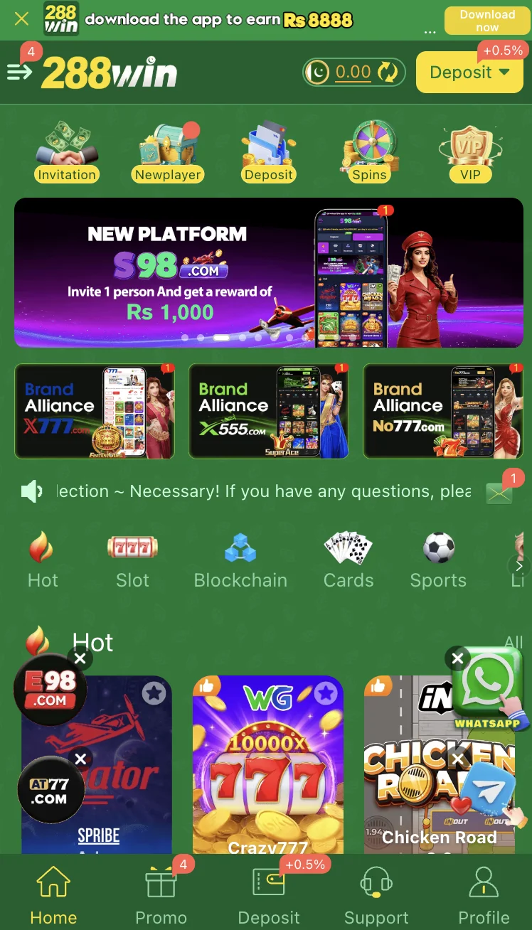 288Win Game home screen showing the seven game category tabs and promotional banner