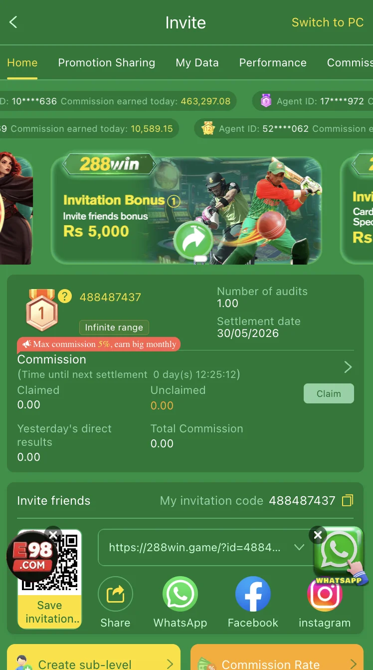 288Win referral commission screen with invite code and earnings summary