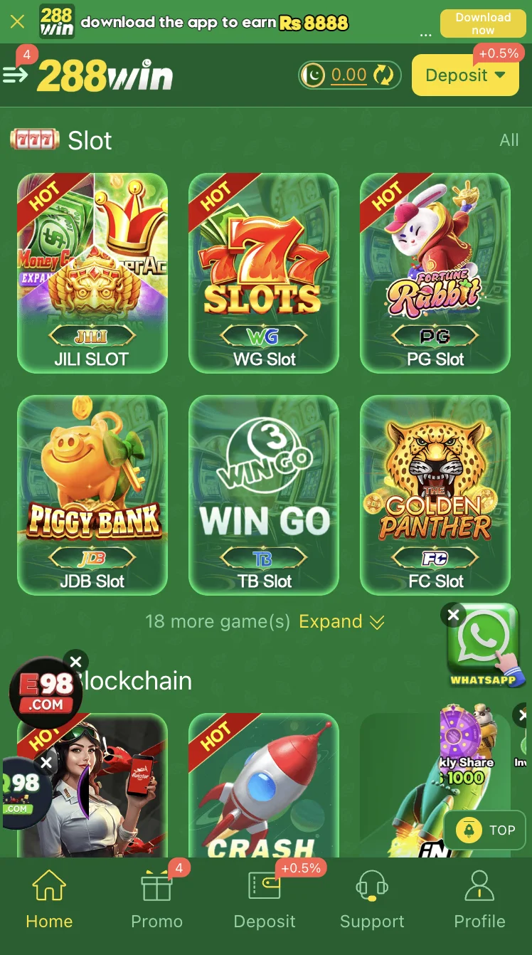 288Win slot games lobby with multiple reel slot titles and bet ranges