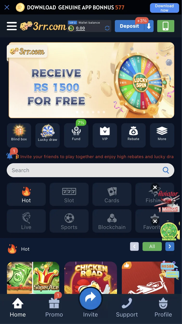 3RR Game home screen showing the games lobby with card games and slots