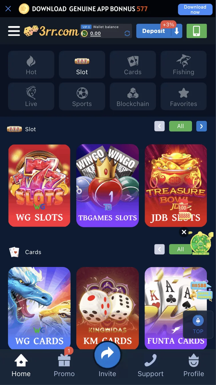 3RR Game slots lobby featuring spinning reel jackpot titles