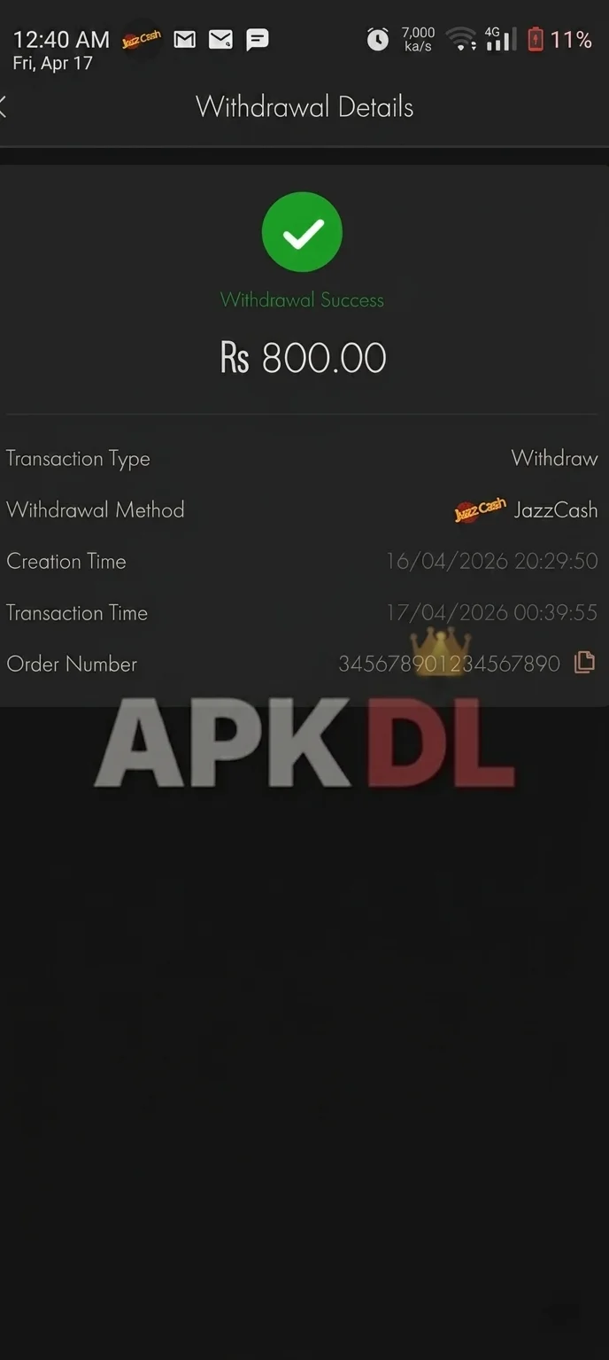 3RR Game withdrawal proof - Rs 800 withdrawn via JazzCash