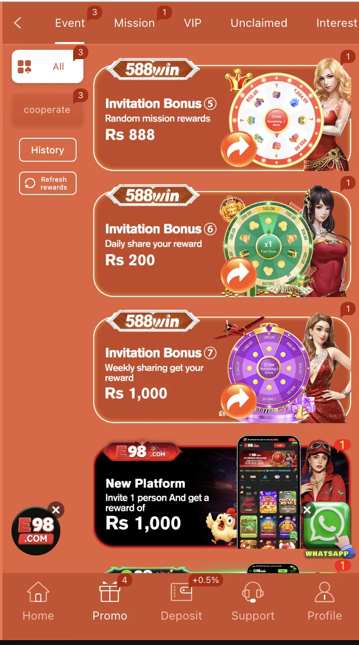 588Win bonus and promotions page showing daily rewards and cashback offers