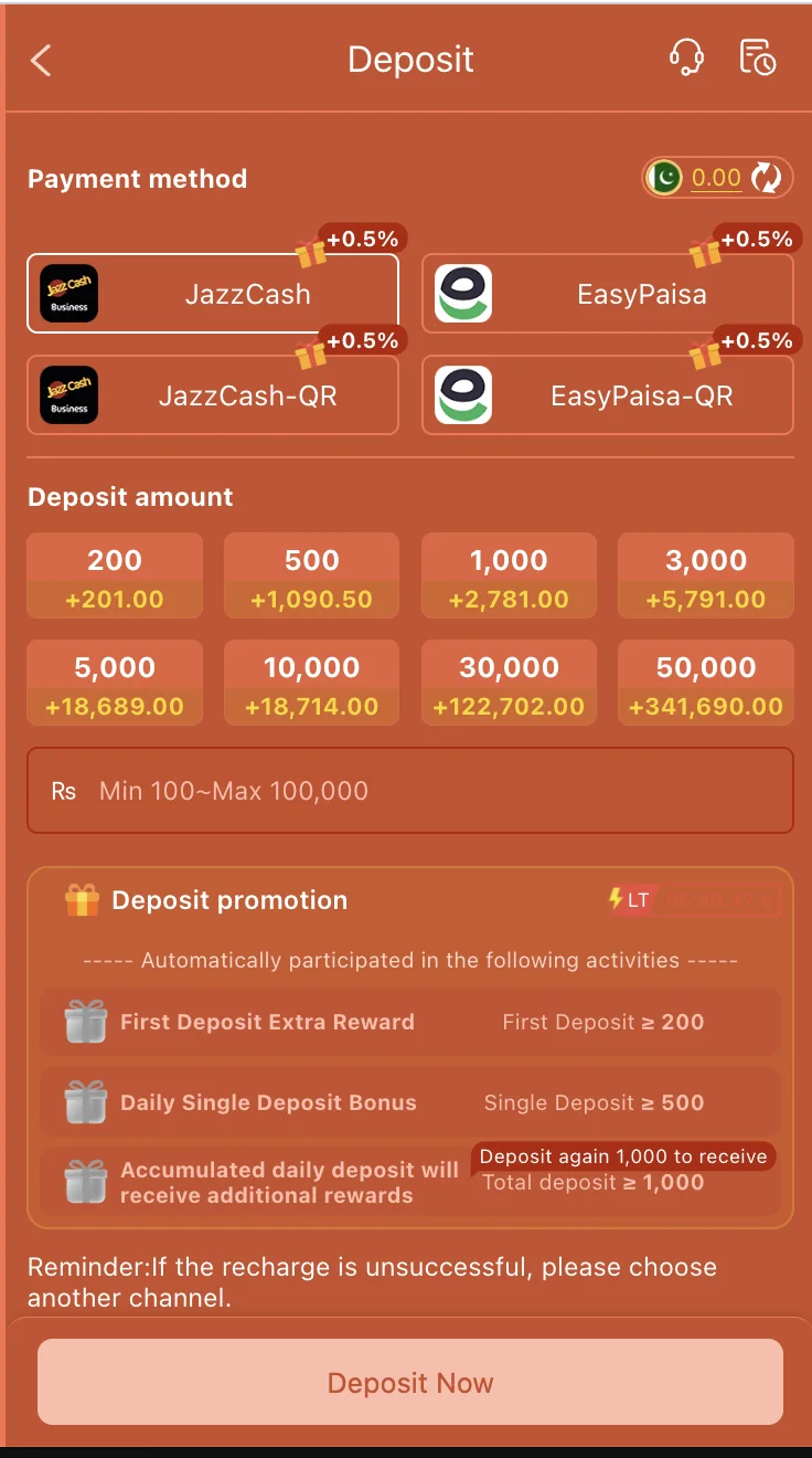 588Win Game deposit screen with JazzCash and EasyPaisa payment options
