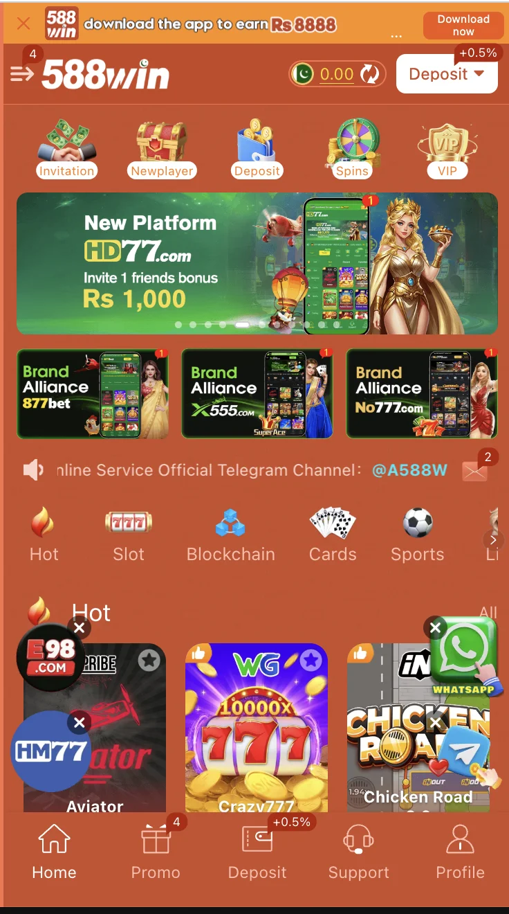 588Win Game home screen showing the games lobby with slots and Crash