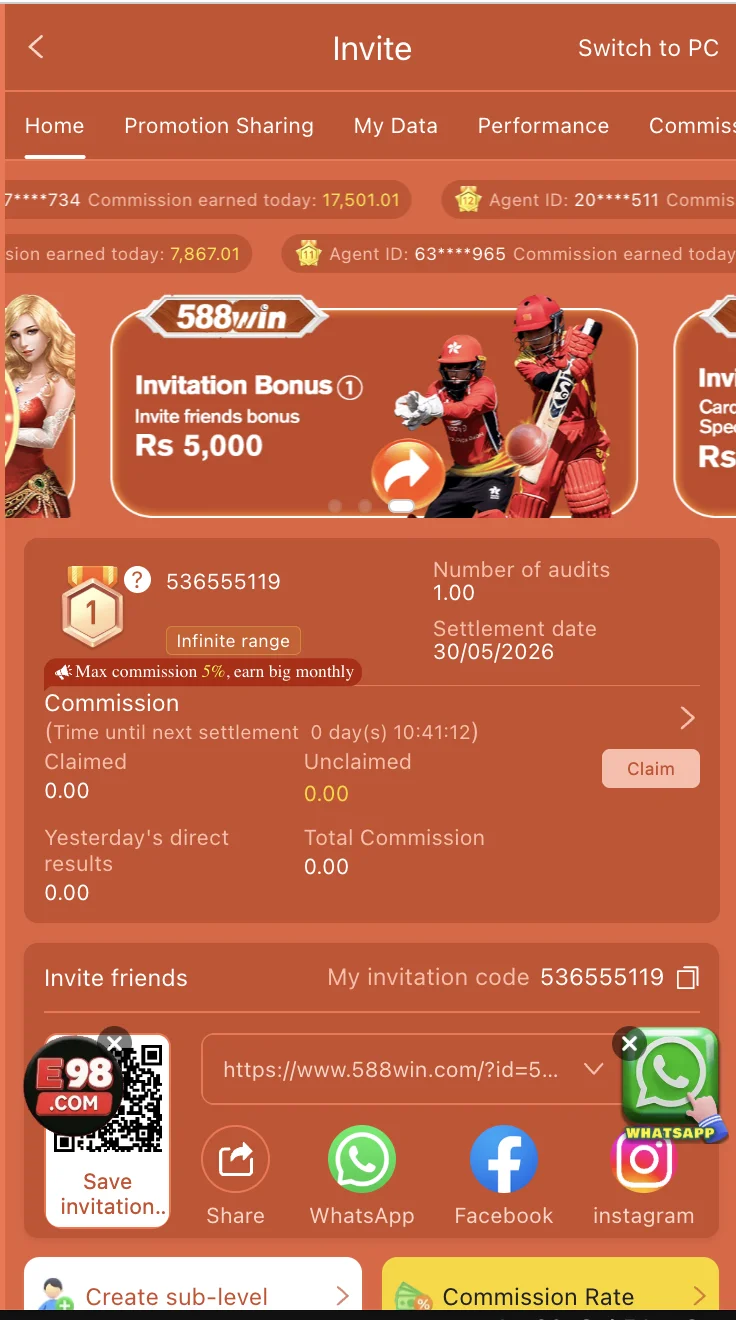588Win Game referral commission screen with invite code and earnings
