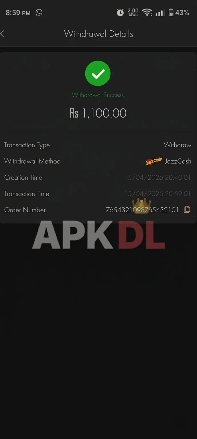 588Win withdrawal proof - Rs 1,100 withdrawn via JazzCash in 19 minutes