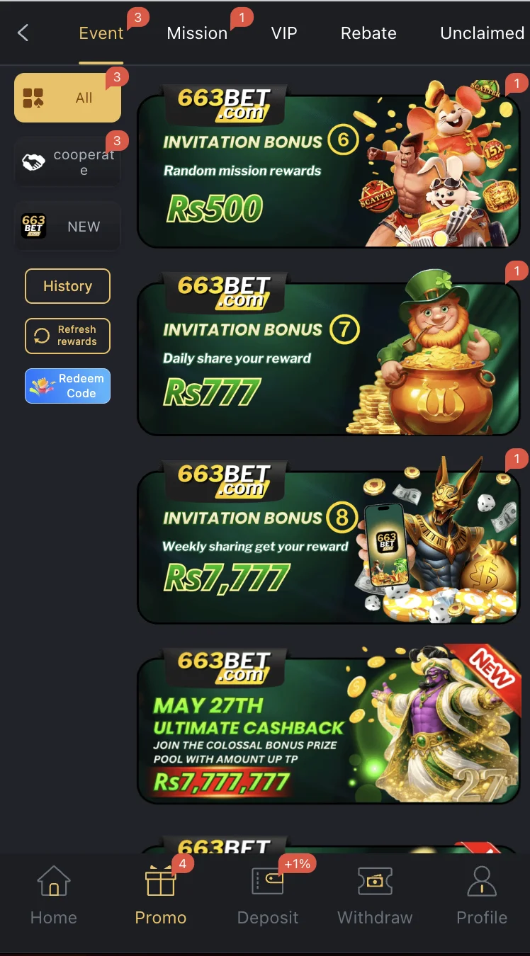 663Bet Game bonus and promotions page showing daily cashback and VIP rewards