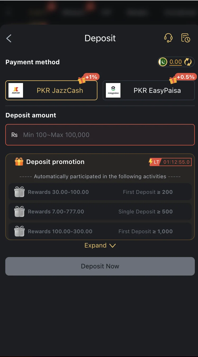 663Bet Game deposit screen showing JazzCash, EasyPaisa and bank transfer options