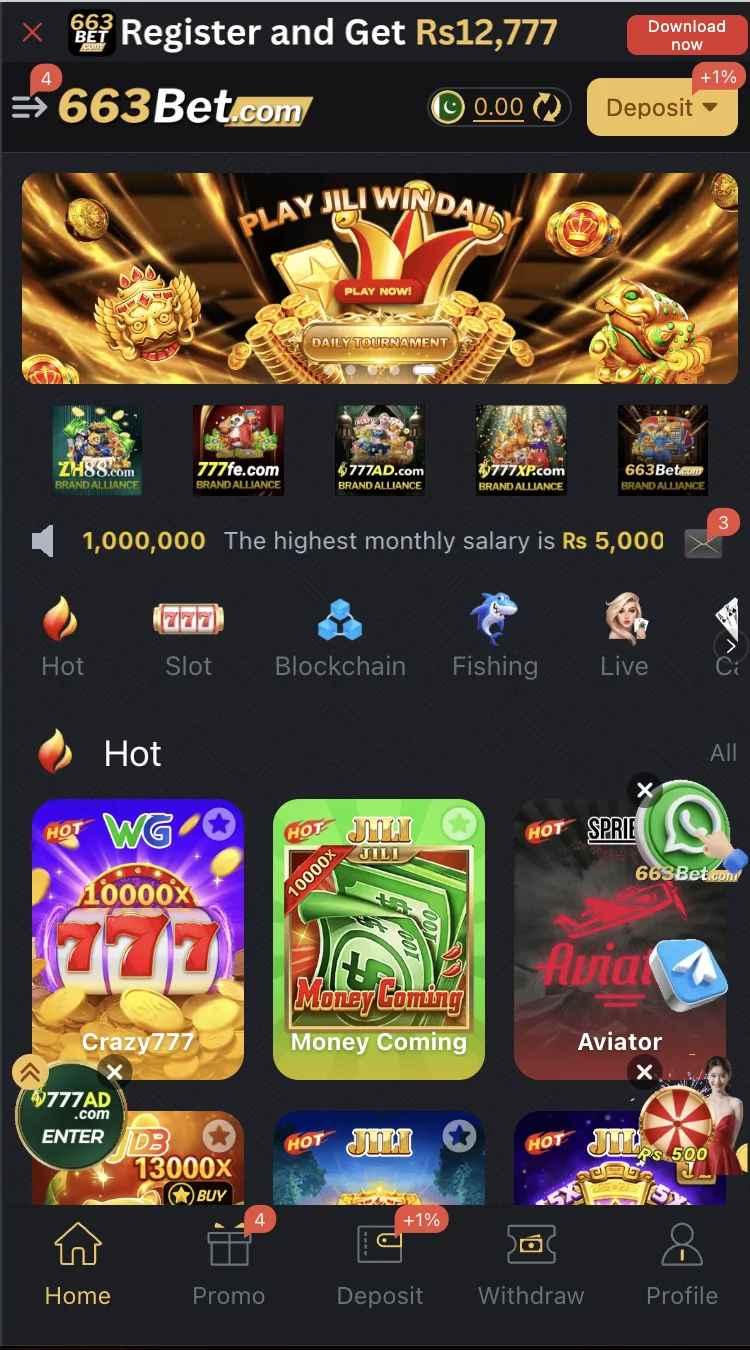 663Bet Game home screen showing the game lobby with Cricket Betting and Aviator highlighted