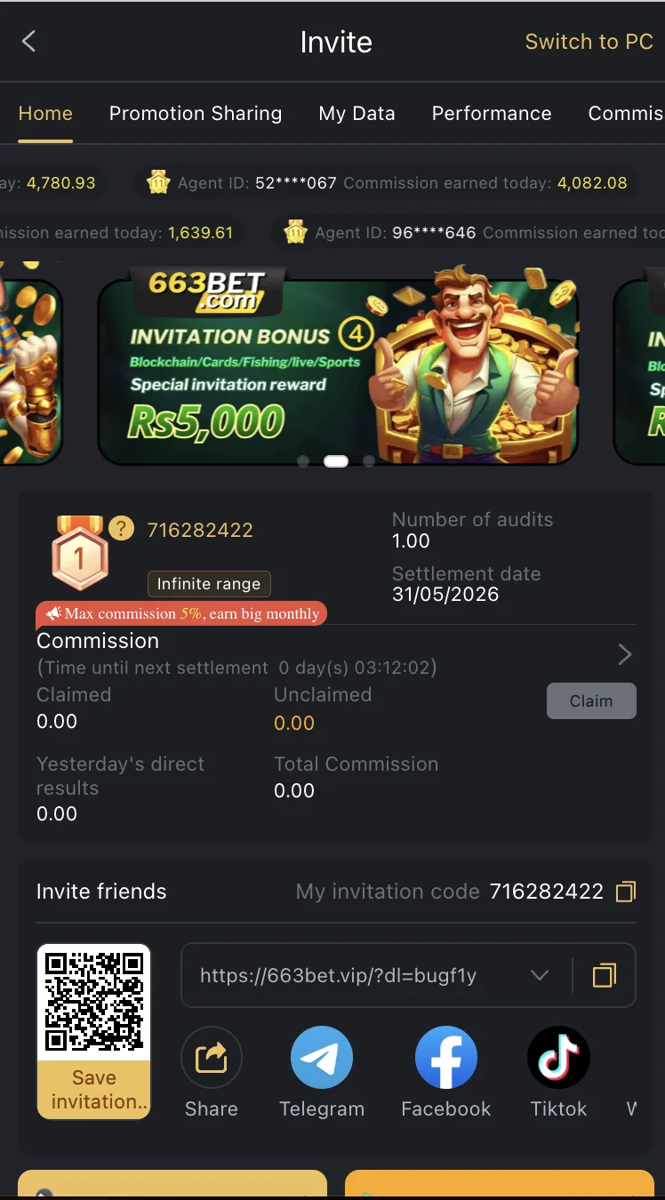 663Bet Game referral programme screen showing invite code and commission structure