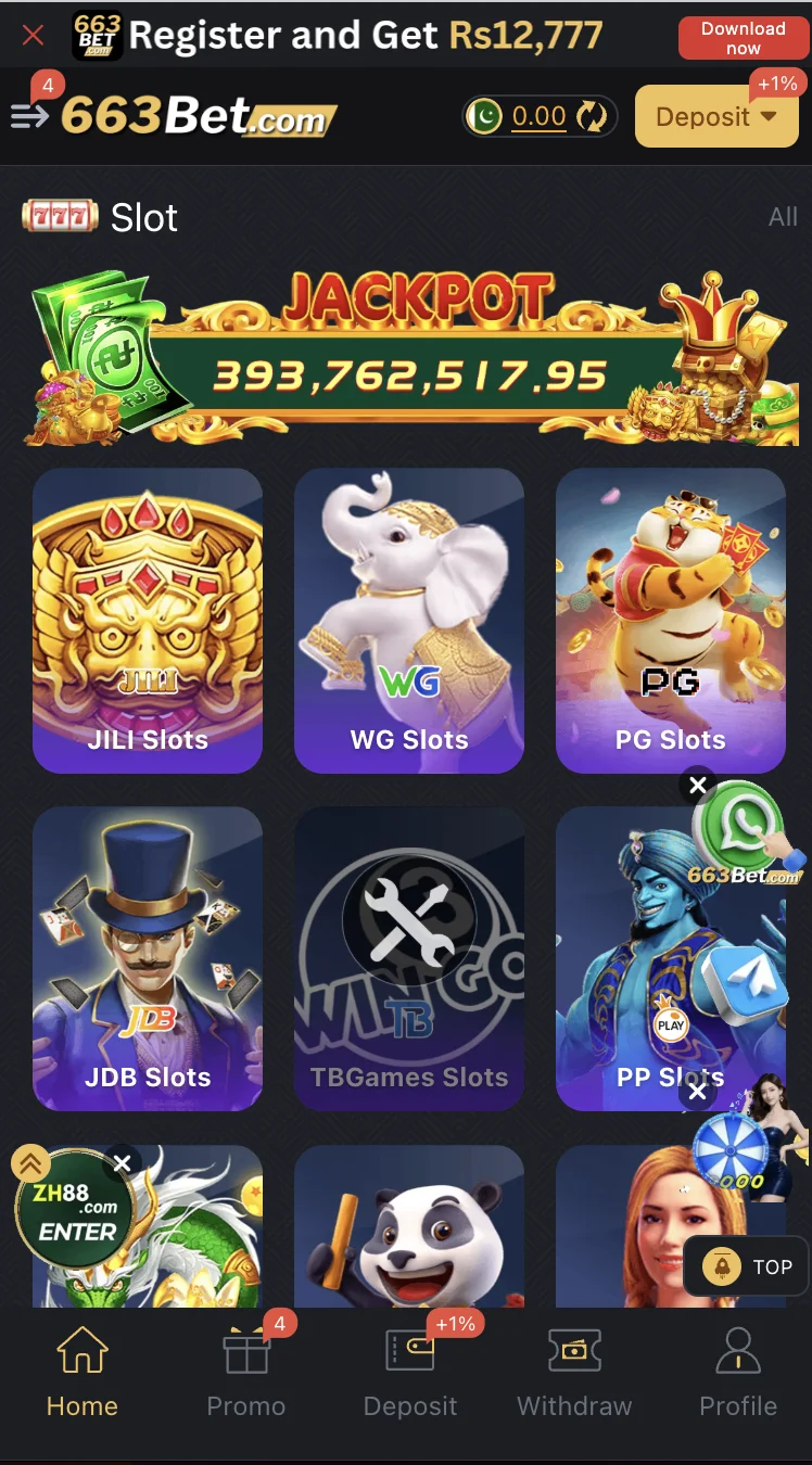 663Bet Game slots lobby featuring multiple slot titles and minimum bet options