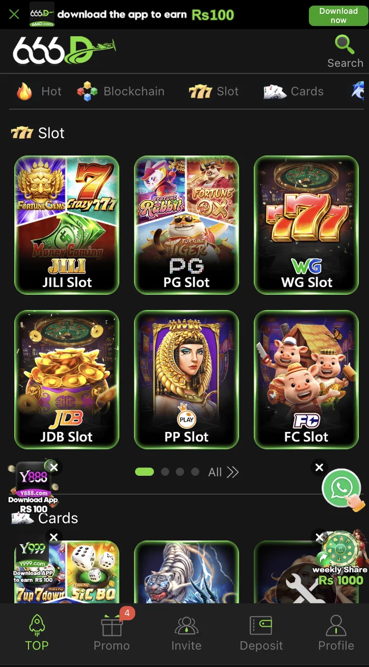 666D Game slots and games lobby with multiple game titles and bet ranges