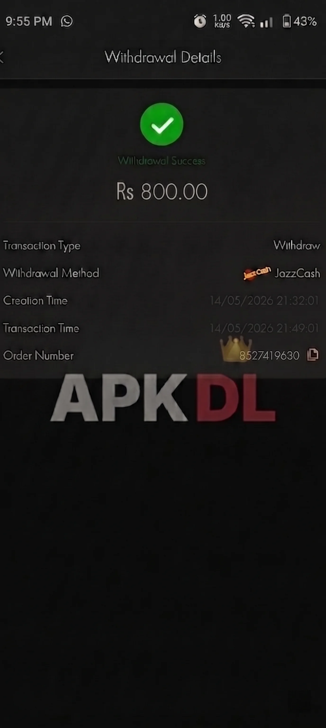 666D Game withdrawal proof - Rs 800 withdrawn via JazzCash in 17 minutes