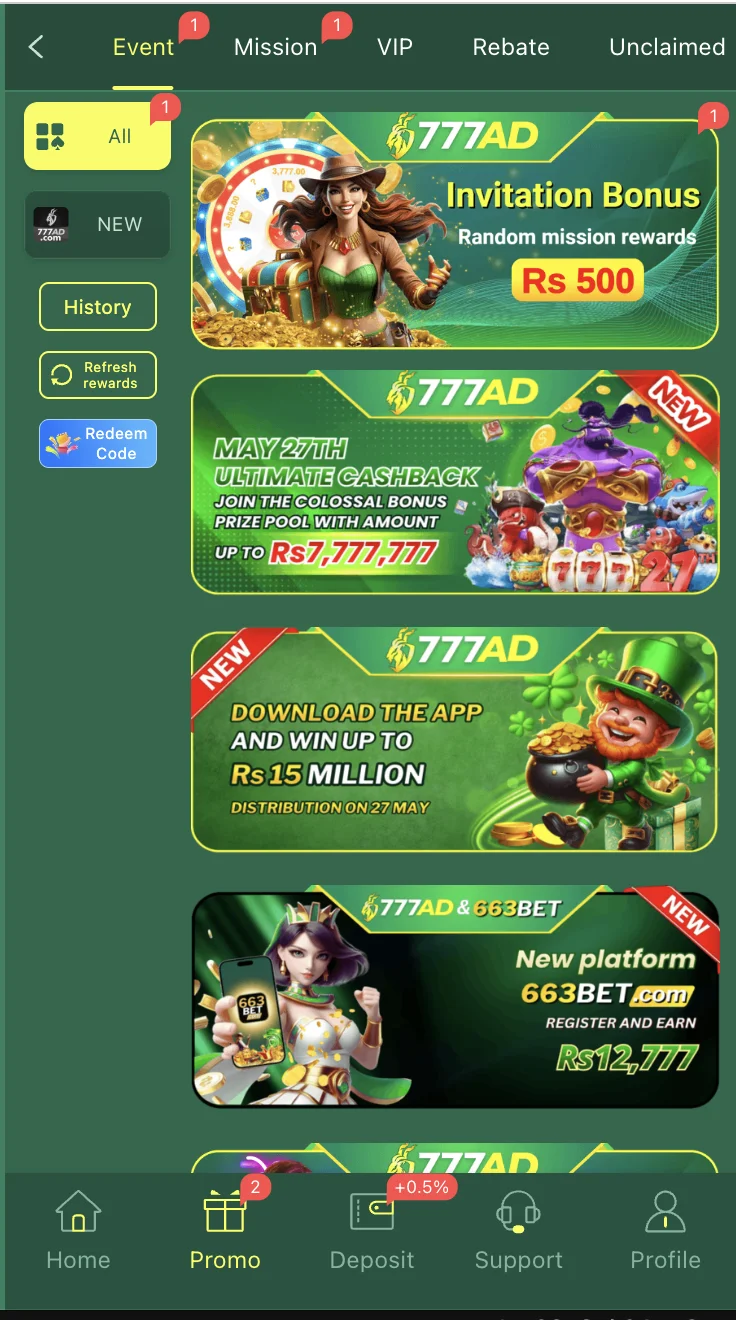 777AD bonus and promotions page showing daily rewards and login bonuses