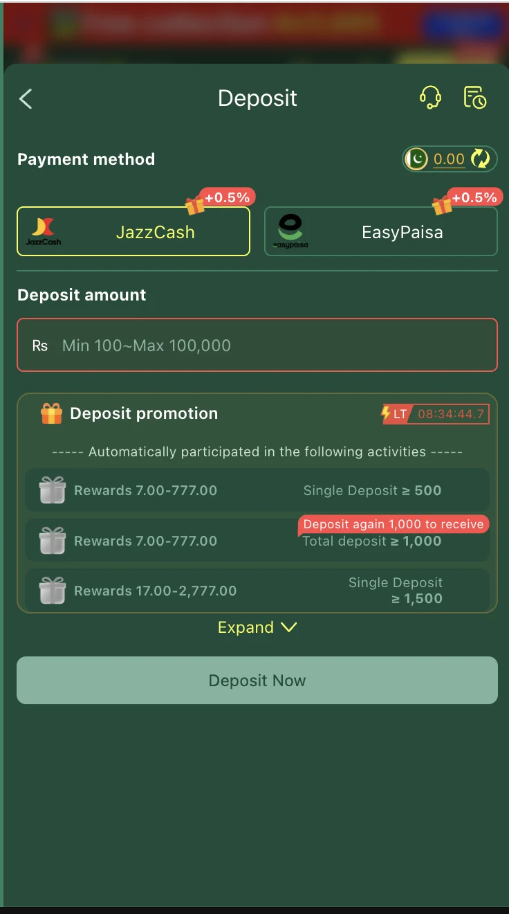 777AD Game deposit screen with JazzCash and EasyPaisa payment options