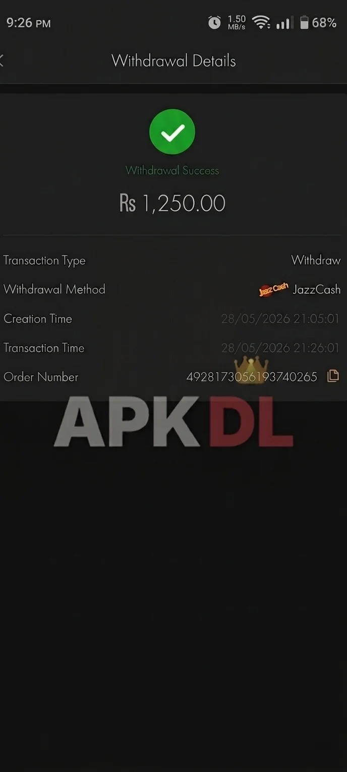 777AD withdrawal proof - Rs 1,250 withdrawn via JazzCash in 21 minutes