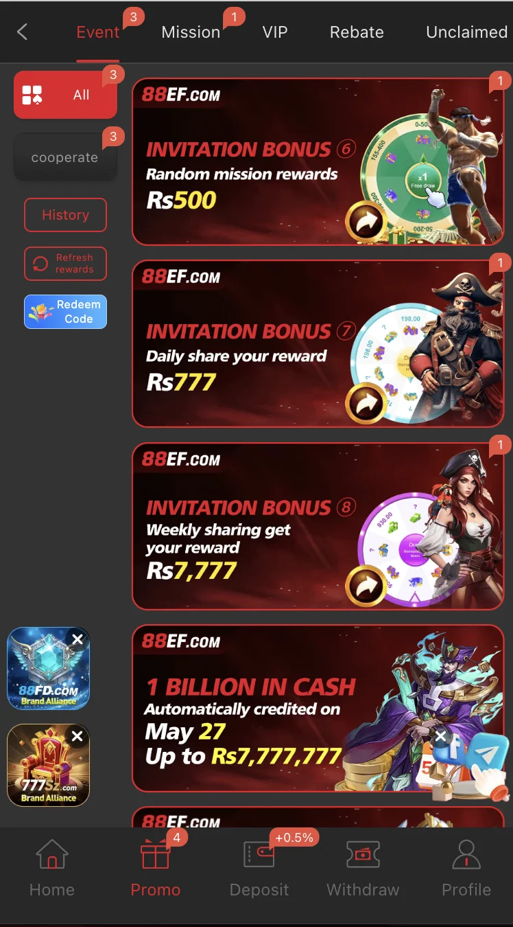 88EF Game bonus and rewards page showing registration bonus and daily check-in system
