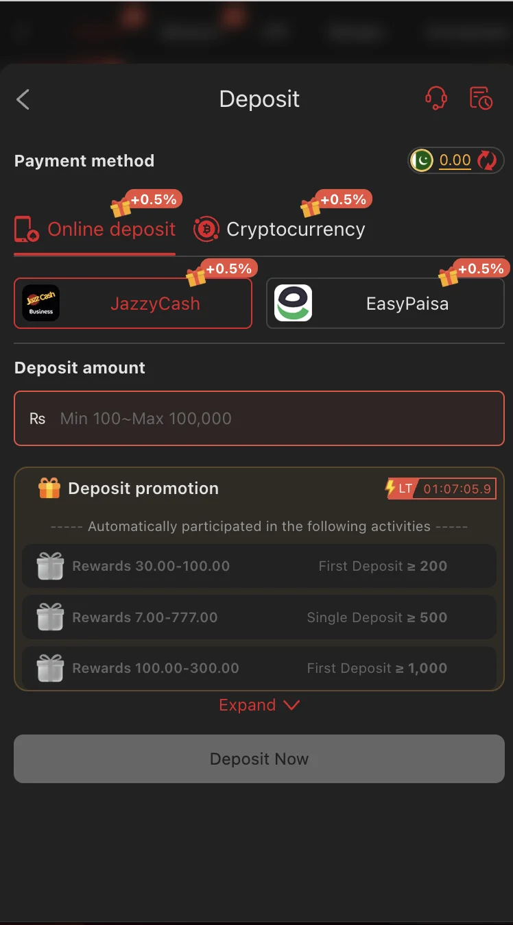 88EF Game deposit screen showing JazzCash, EasyPaisa and USDT payment options