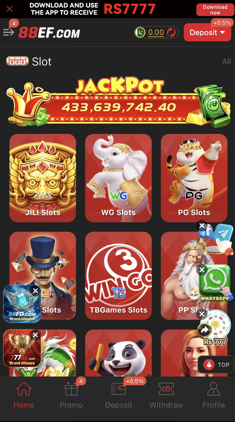 88EF Game slots lobby featuring spinning reel titles and low minimum bet options