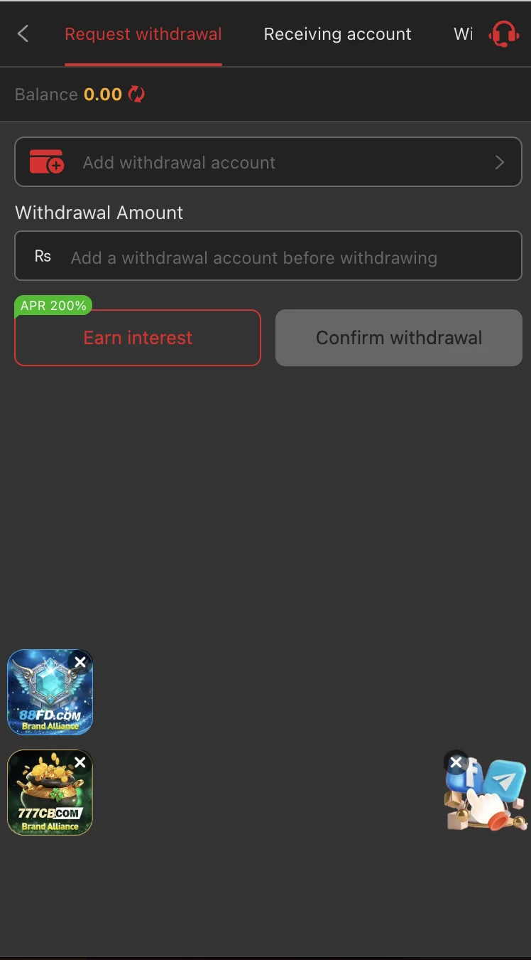 88EF Game withdrawal screen showing Rs 100 minimum withdrawal and processing status