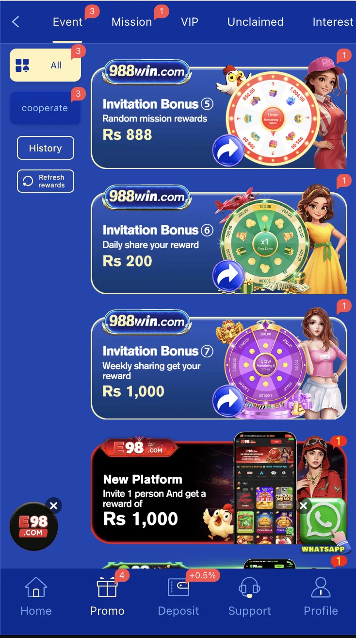 988Win bonus and promotions page showing daily rewards and cashback offers