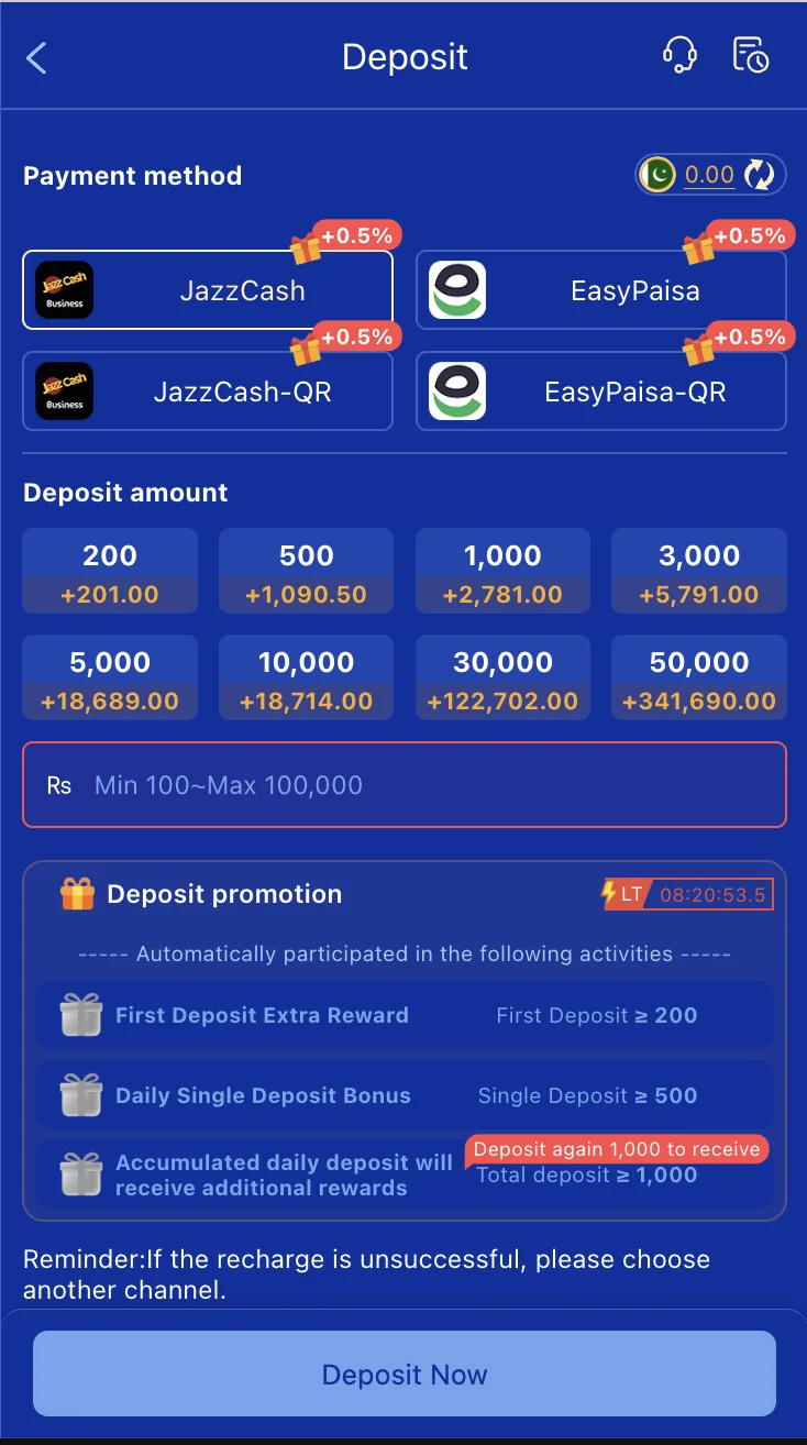 988Win Game deposit screen with JazzCash and EasyPaisa payment options