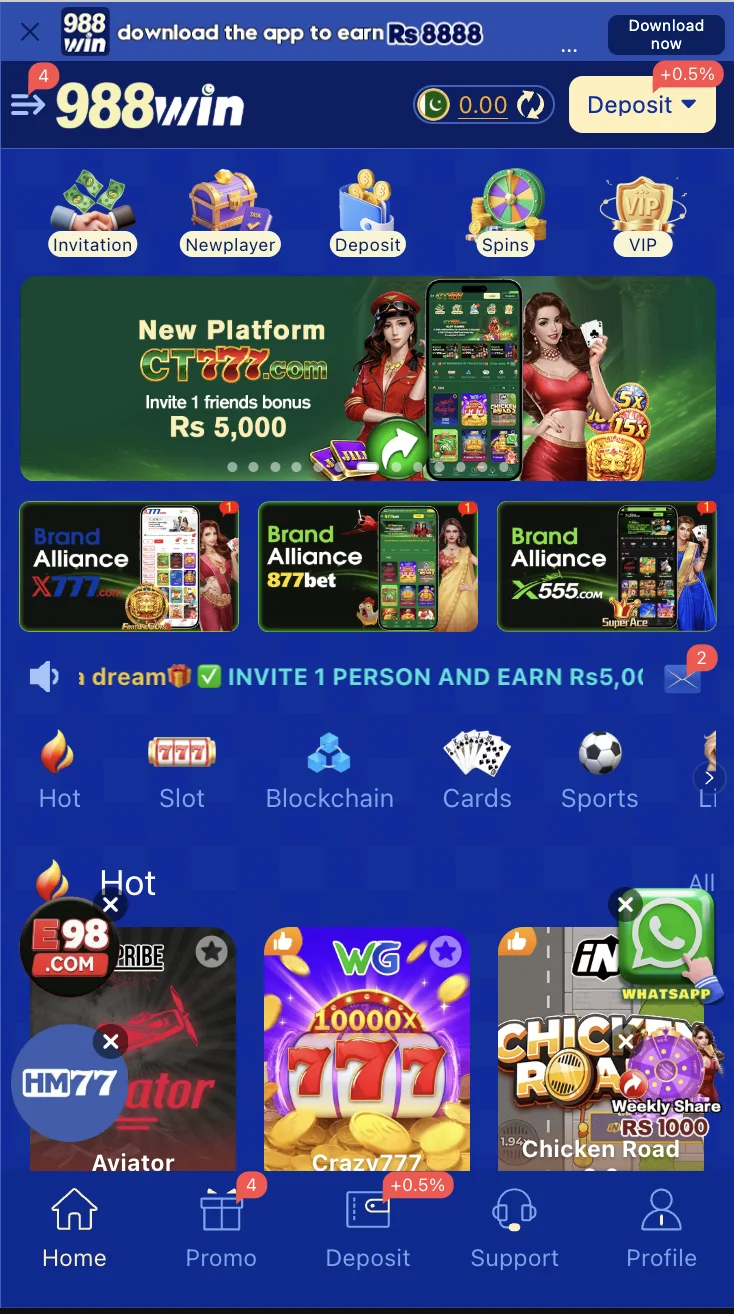 988Win Game home screen showing the games lobby with color prediction and slots