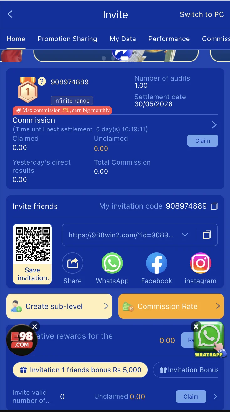 988Win referral commission programme screen with invite code and earnings