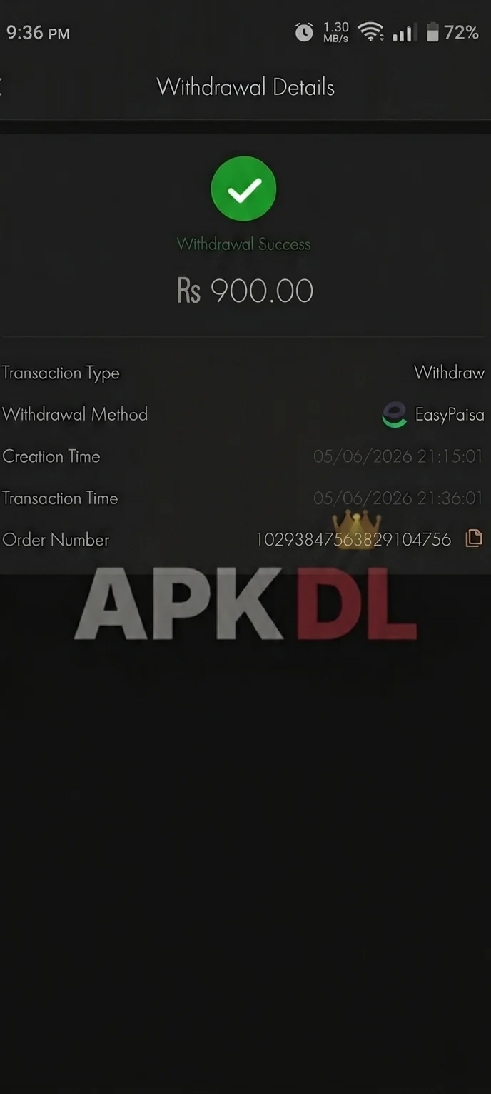 988Win withdrawal proof - Rs 900 withdrawn via EasyPaisa in 21 minutes