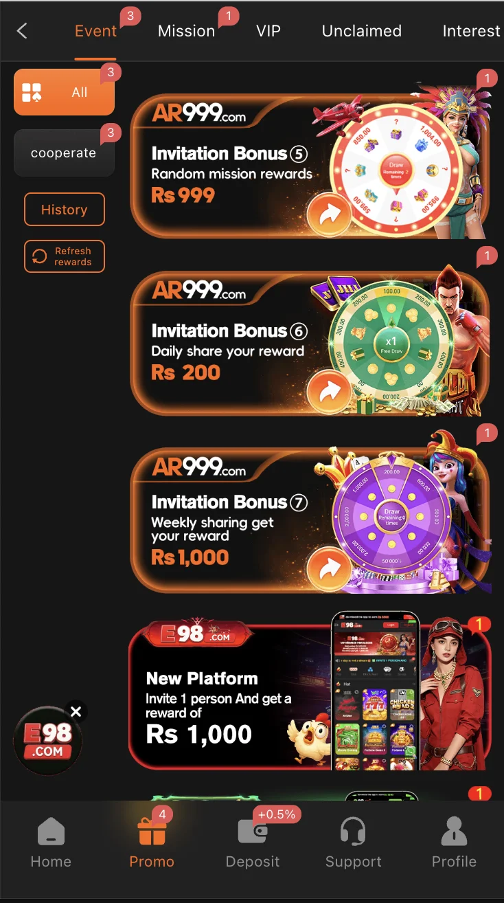 AR999 bonus and promotions page showing daily rewards and cashback offers