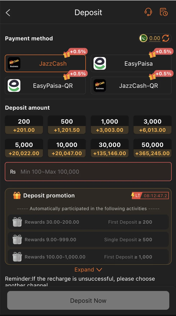 AR999 Game deposit screen with JazzCash and EasyPaisa payment options