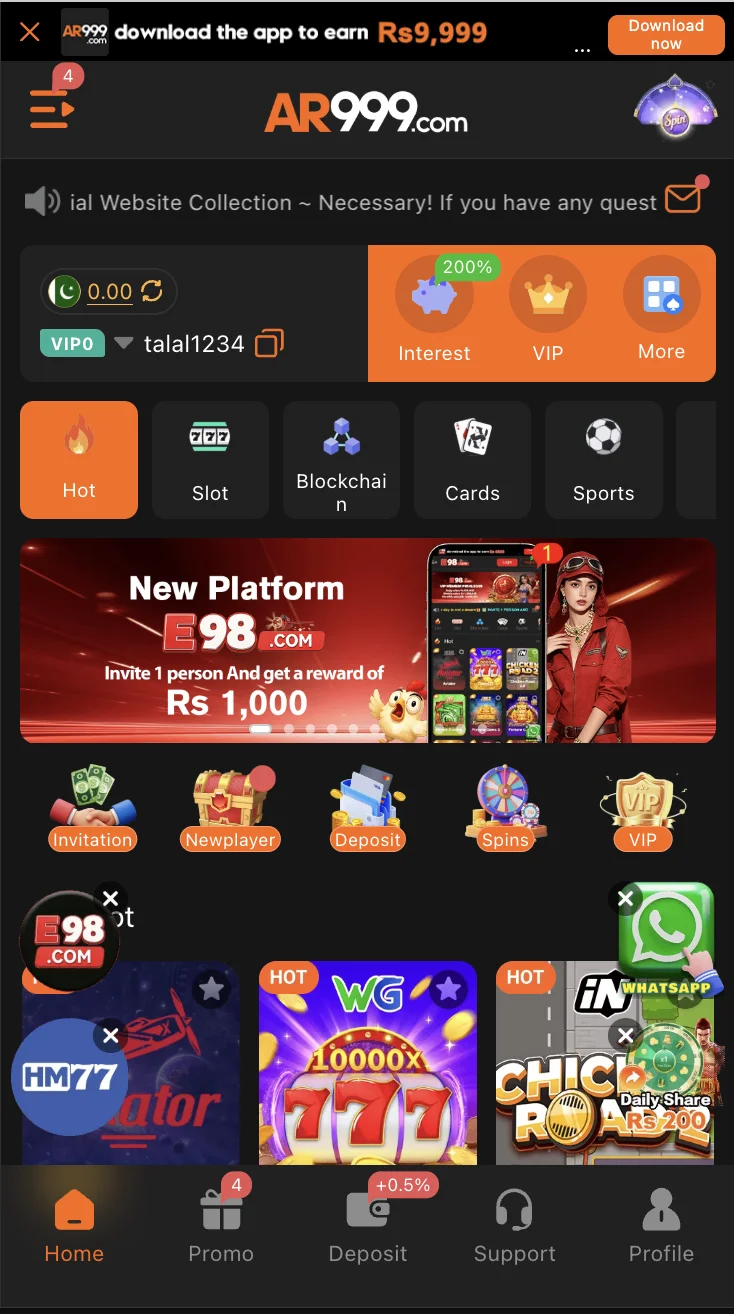 AR999 Game home screen showing the games lobby with Teen Patti, slots and prediction games