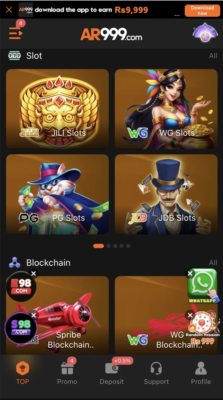 AR999 Game slots lobby featuring spinning-reel games