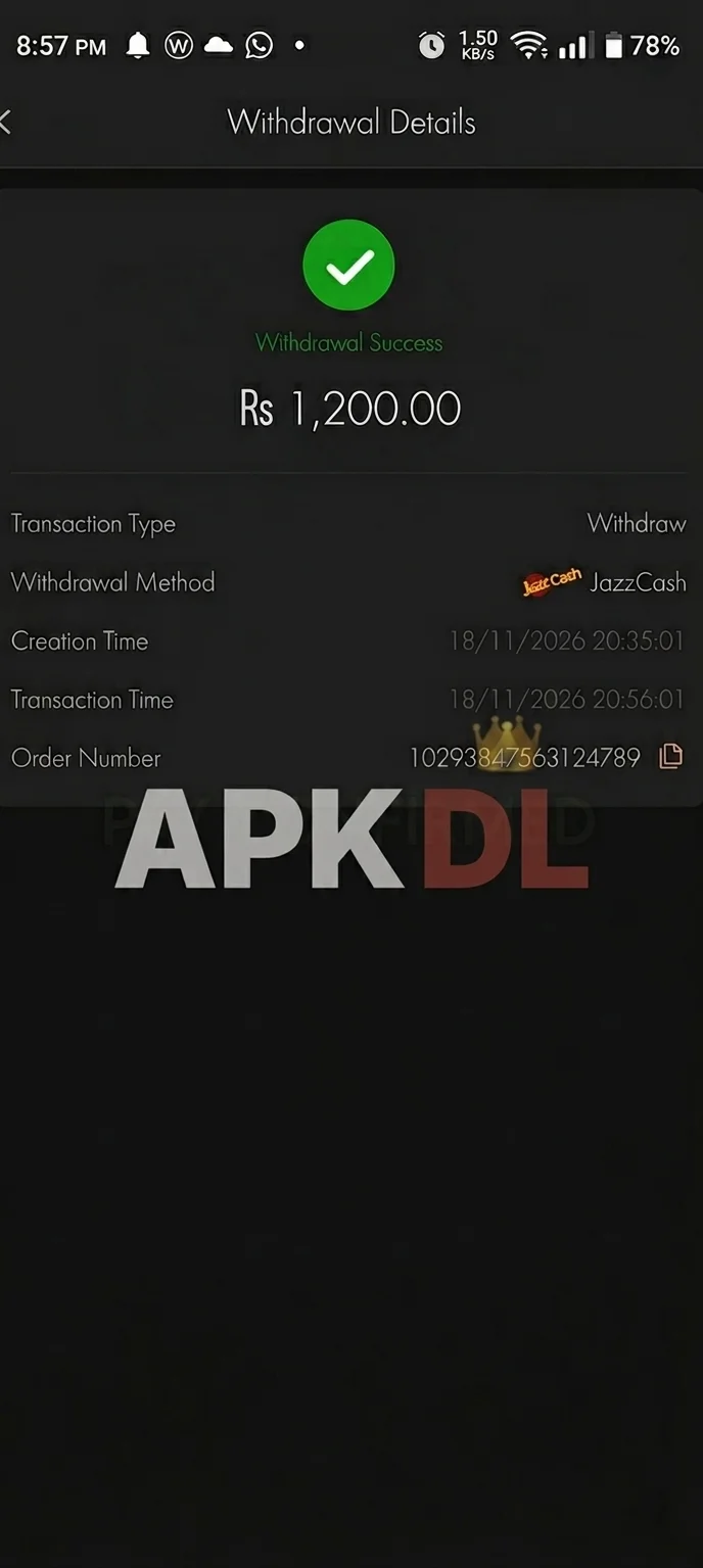 AR999 withdrawal proof - Rs 1,200 withdrawn via JazzCash in 21 minutes