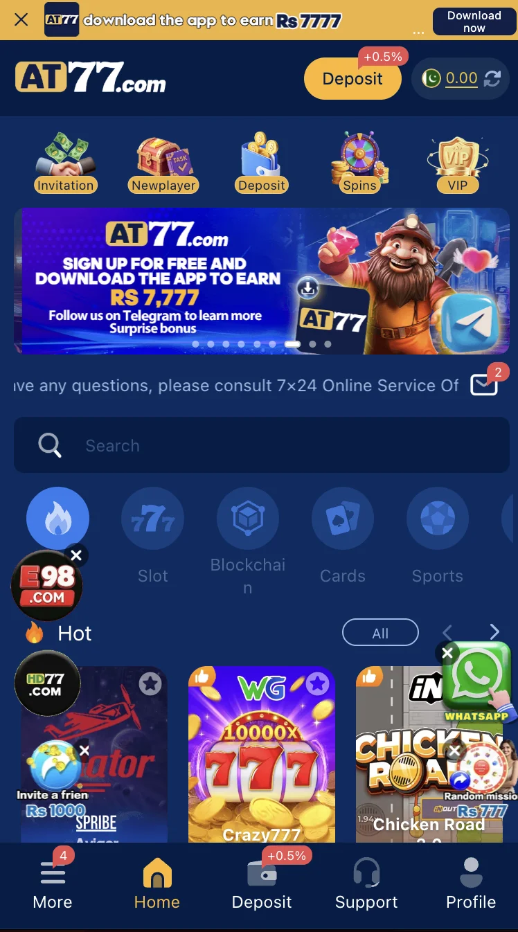 AT77 Game home screen showing the full game lobby with Teen Patti and slots sections
