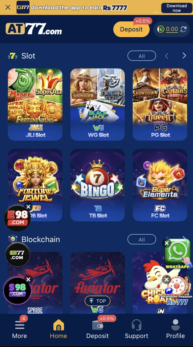 AT77 Game slots lobby featuring multiple slot titles and bet ranges