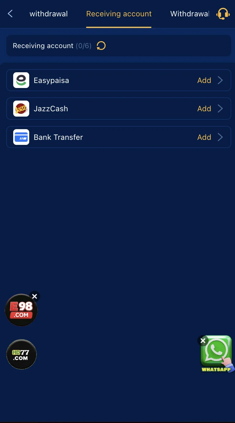 AT77 Game withdrawal screen with EasyPaisa processing status and wallet balance