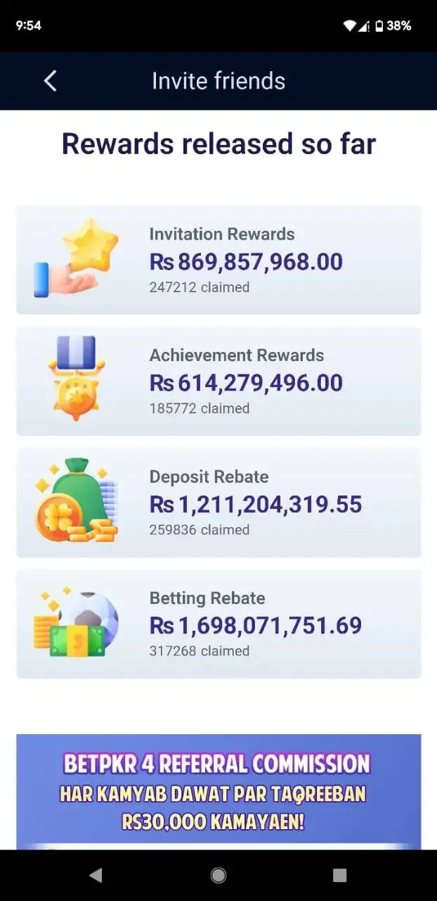 BetPKR referral commission programme screen with invite code and earnings