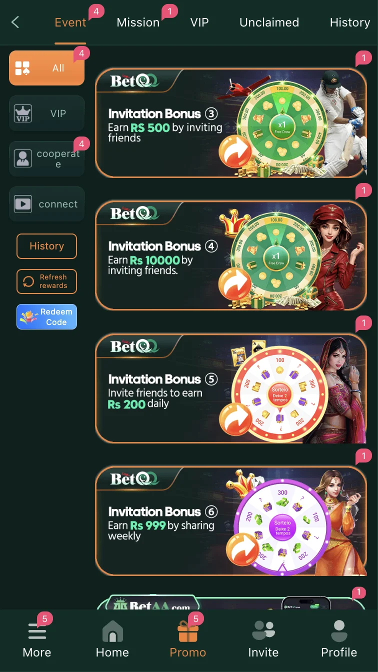 BetQQ daily bonus, cashback, and VIP rewards page