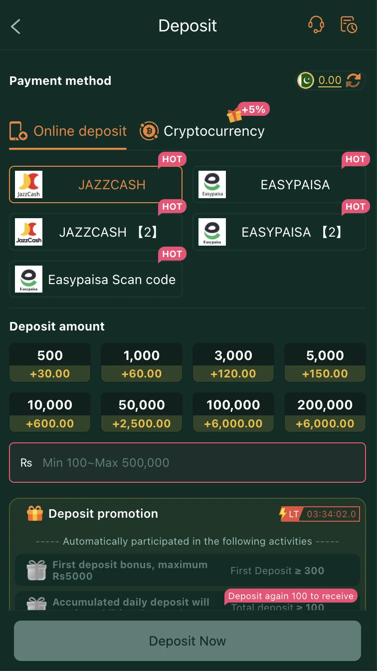 BetQQ Game deposit screen with JazzCash and EasyPaisa payment options