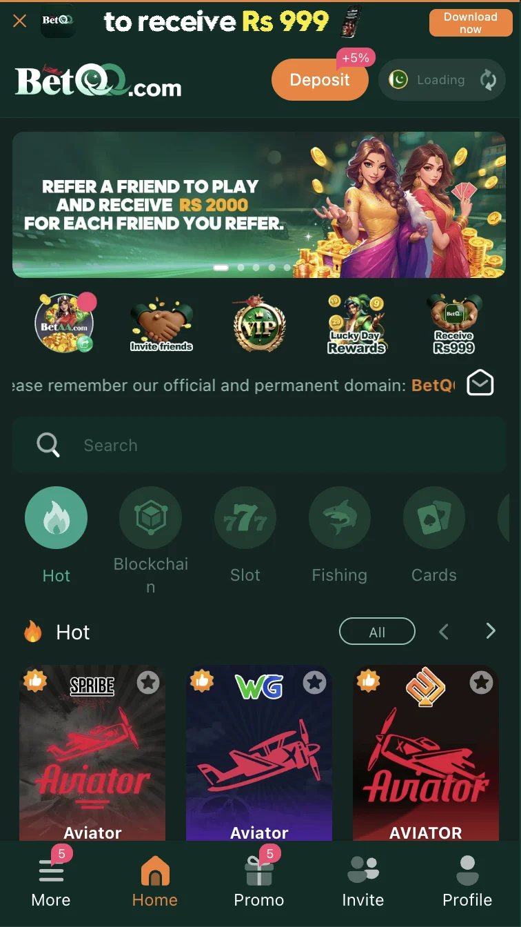 BetQQ Game home screen showing the multi-category games lobby with slots and fishing