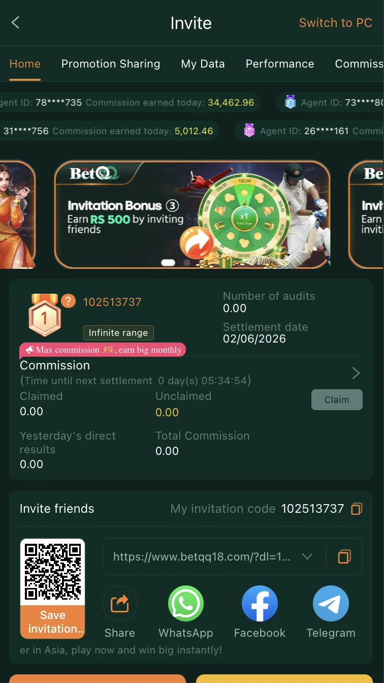 BetQQ referral programme screen showing invite code and commission earnings