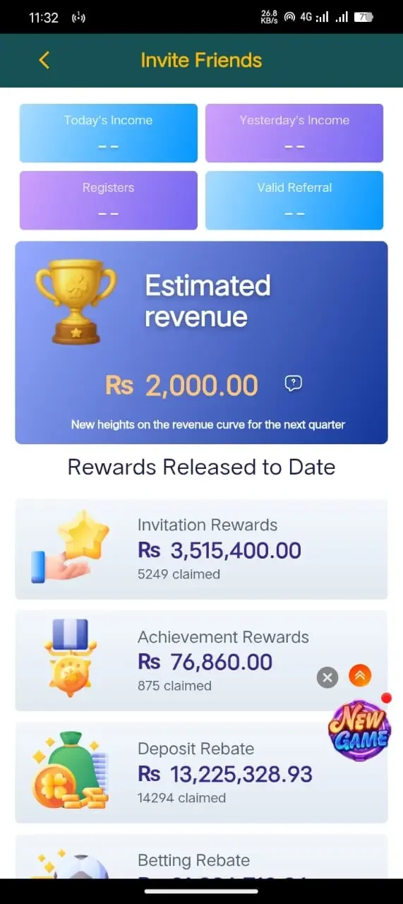 BN55 Game referral programme screen showing invite code and 25% commission earnings