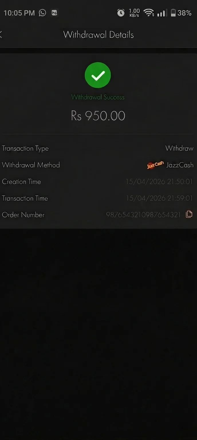 BN55 Game withdrawal proof - Rs 950 withdrawn via JazzCash in 9 minutes