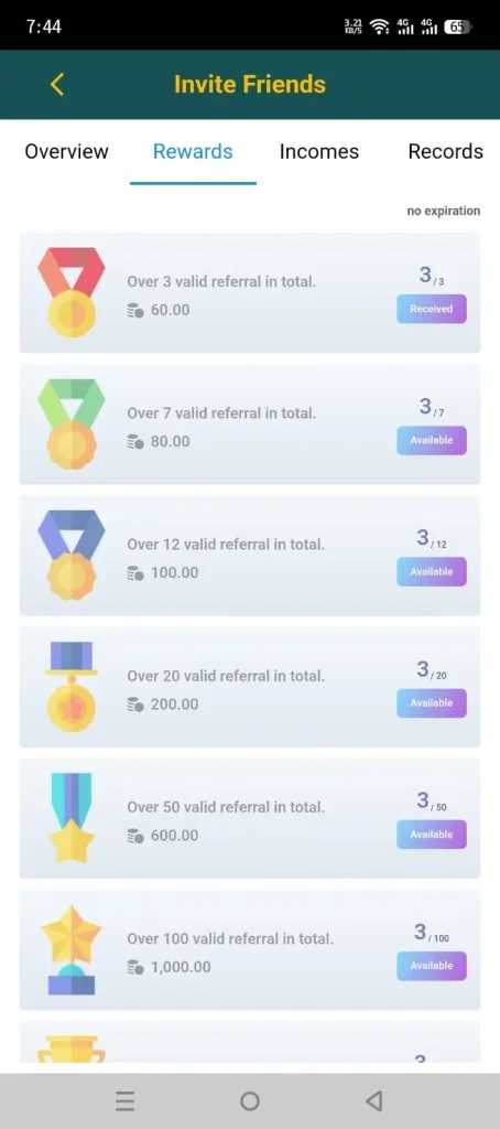 CD22 Game referral programme screen with invite code and commission tracking