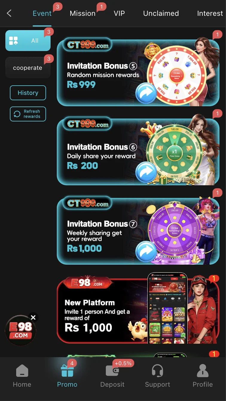 CT999 Game bonus and promotions screen showing daily rewards and VIP offers