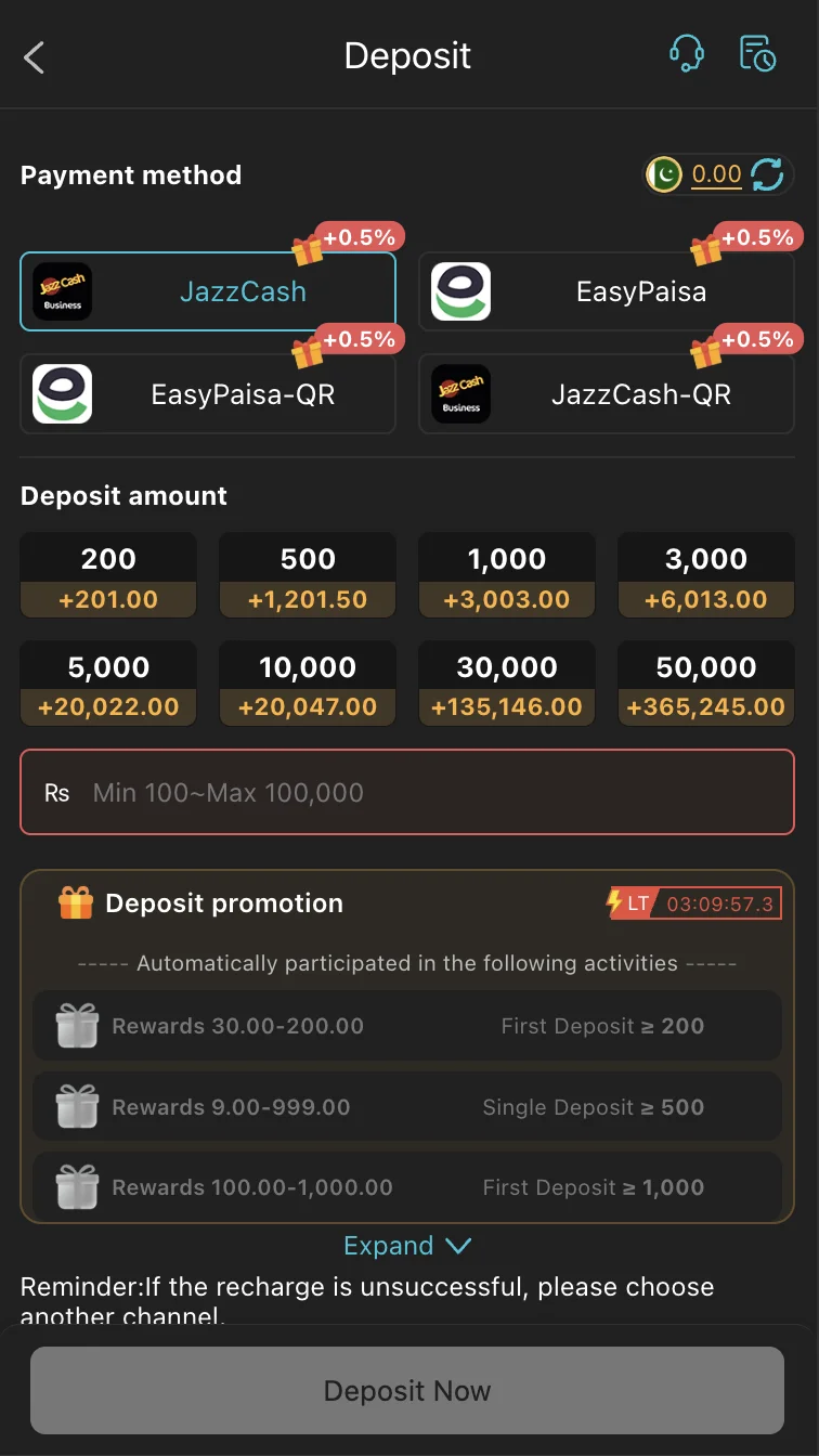 CT999 Game deposit screen with JazzCash and EasyPaisa payment options